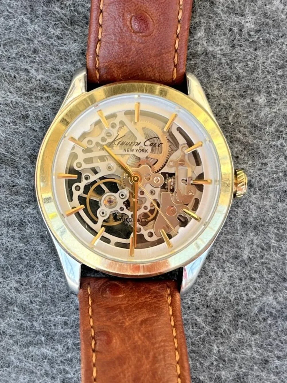 Men's Skeleton Automatic Watch, Steel/Gold Exhibition Case, Ostrich Band